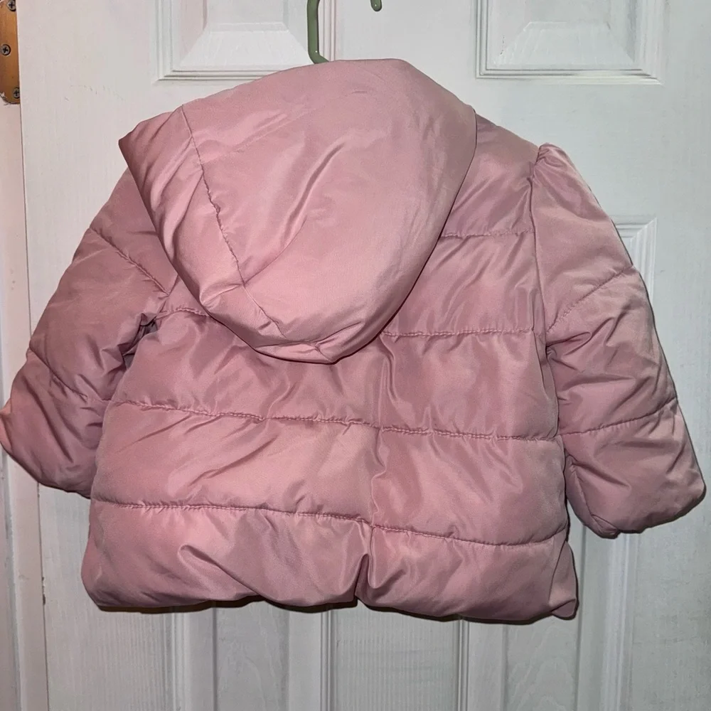 GAP Baby Girl Pink Puffer Jacket 18-24M Hooded Winter Coat Bow Pockets